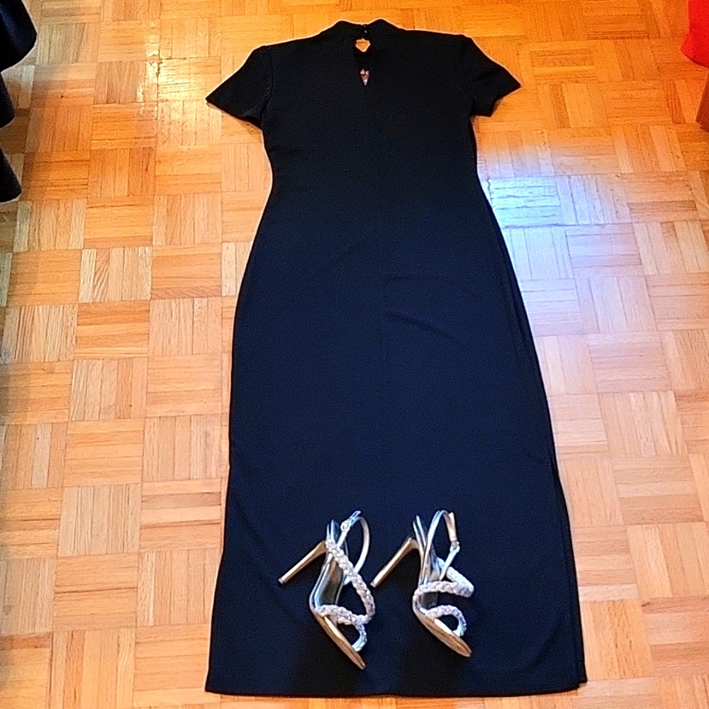 Vintage Black Mandarin-Inspired Sheath Dress, Pink/Orange Floral Embroidery, 8 - Picture 15 of 16